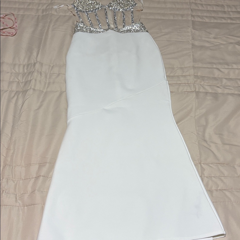 Elegant White Evening Gown with Silver Embellished Bodice